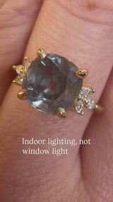 3.38ct Untreated Montana Sapphire Cushion Cut Marquise Diamond Cluster Ring in 18k Yellow Gold