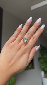 4.58ct Emerald Cut Teal Sapphire Triple Band with Diamonds and Evergreen Texture 4 Prong Low Profile Ring in 18k Yellow Gold