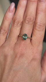 2.03ct Untreated Parti Green and Blue Oval Madagascar Sapphire Evergreen 4 Prong Carved Stackable Solitaire in 14k Yellow Gold