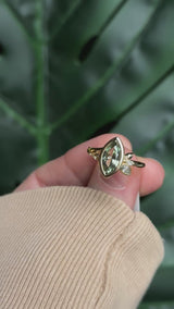 1.82ct Green Untreated Montana Marquise Sapphire in Wandering Vine Low Profile Bezel Setting with Pear Diamond in 14k Yellow Gold