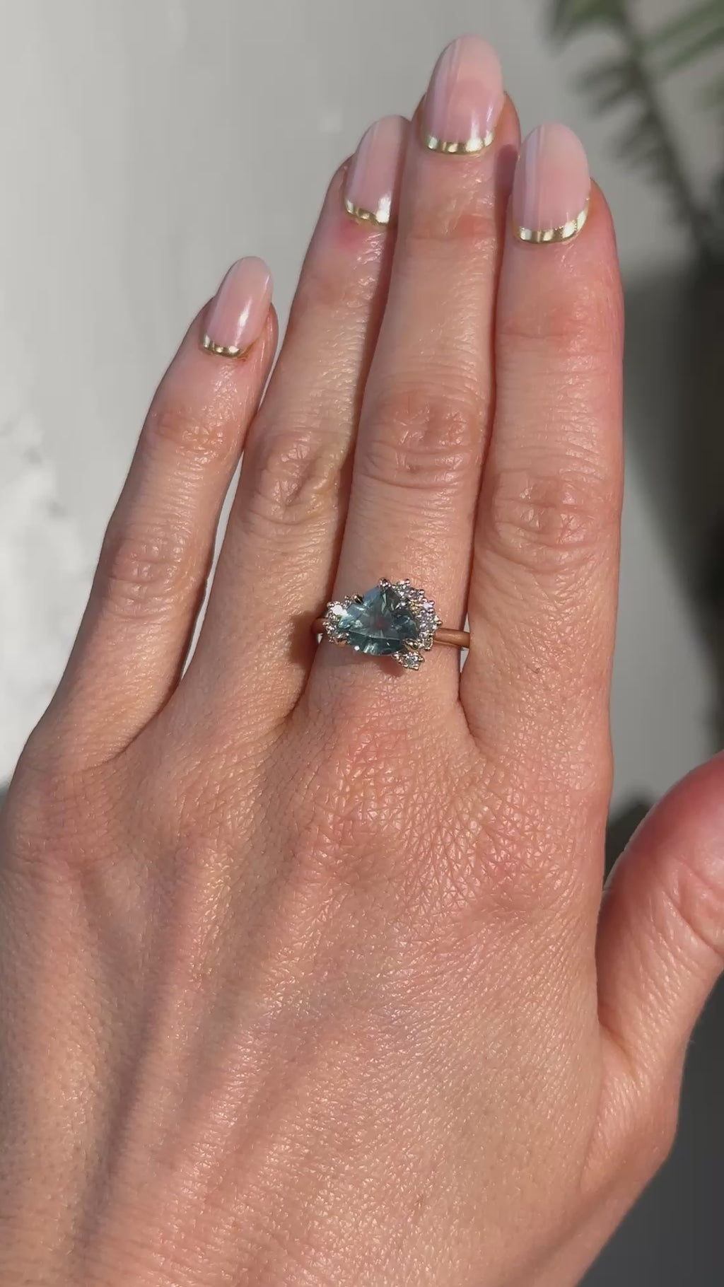 2.57ct Untreated Blue Wide Trillion Montana Sapphire and Antique Diamond Mountainscape Ring in 14k Yellow Gold