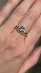 1.07ct Emerald Cut Parti Teal Montana Sapphire and Diamond Starry Night Low Profile Solitaire in 14k Yellow Gold