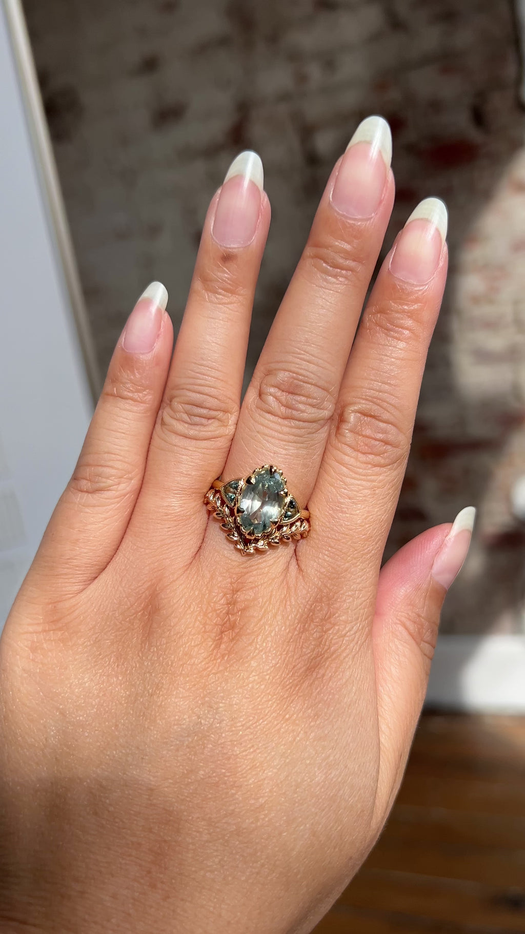 3.29ct Untreated Moval Montana Sapphire and Trillion Australian Sapphire Three Stone Scallop Cup Antique Style with Milgrain Low Profile Ring in 18k Yellow Gold