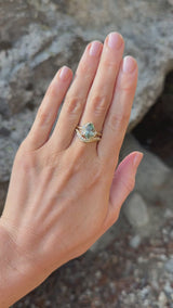 2.35ct Teal Blue Grey Untreated Pear Montana Sapphire and Diamond Asymmetrical Cluster Ring in 18k Yellow Gold