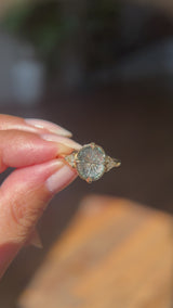 3.05ct Untreated Fantasy Cut Green Sapphire and Diamond Three Stone Antique Compass Style Low Profile Ring in 18k Yellow Gold