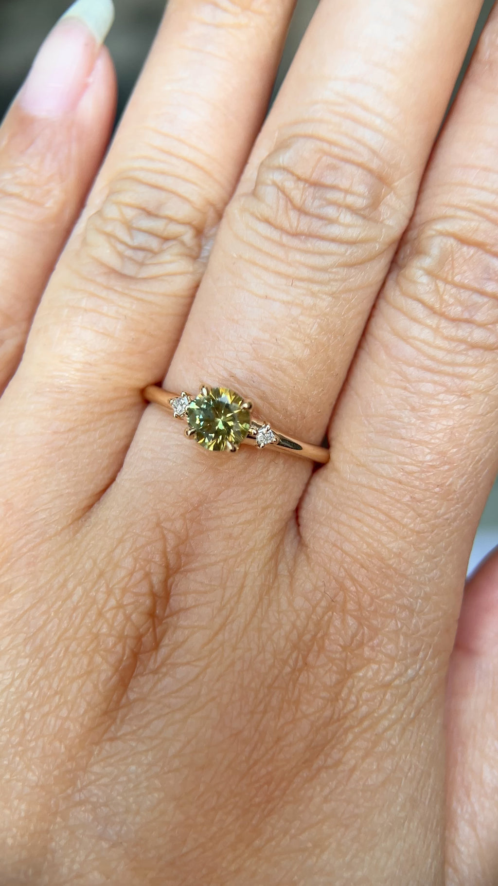 0.85ct Round Light Green Montana Sapphire and Princess Cut Diamond Rapids Low Profile Ring in 14k Yellow Gold