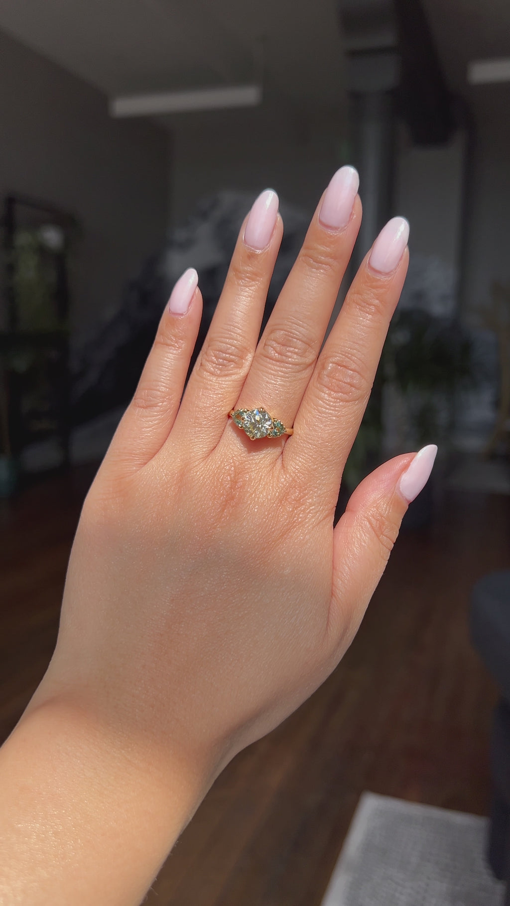 1.64ct Vintage Transitional Cut Diamond and Trillion Australian Sapphire Antique Style Compass Set Low Profile Ring with Scallop Details in 18k Yellow Gold