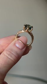4.23ct Round Teal Green Sapphire Low Profile Wandering Vine Split Shank Six Prong Solitaire in 14k Yellow Gold