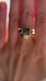 4.08ct Cushion Cut Green Madagascar Sapphire and Trillion Australian Sapphire Antique Compass Set Low Profile Ring in 14k Yellow Gold