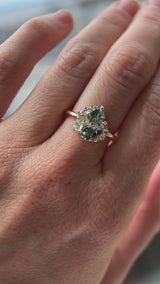 2.35ct Teal Blue Grey Untreated Pear Montana Sapphire and Diamond Asymmetrical Cluster Ring in 18k Yellow Gold