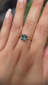 2.67ct Untreated Radiant Cut Montana Sapphire Four Prong Cathedral Solitaire in 18k Yellow Gold