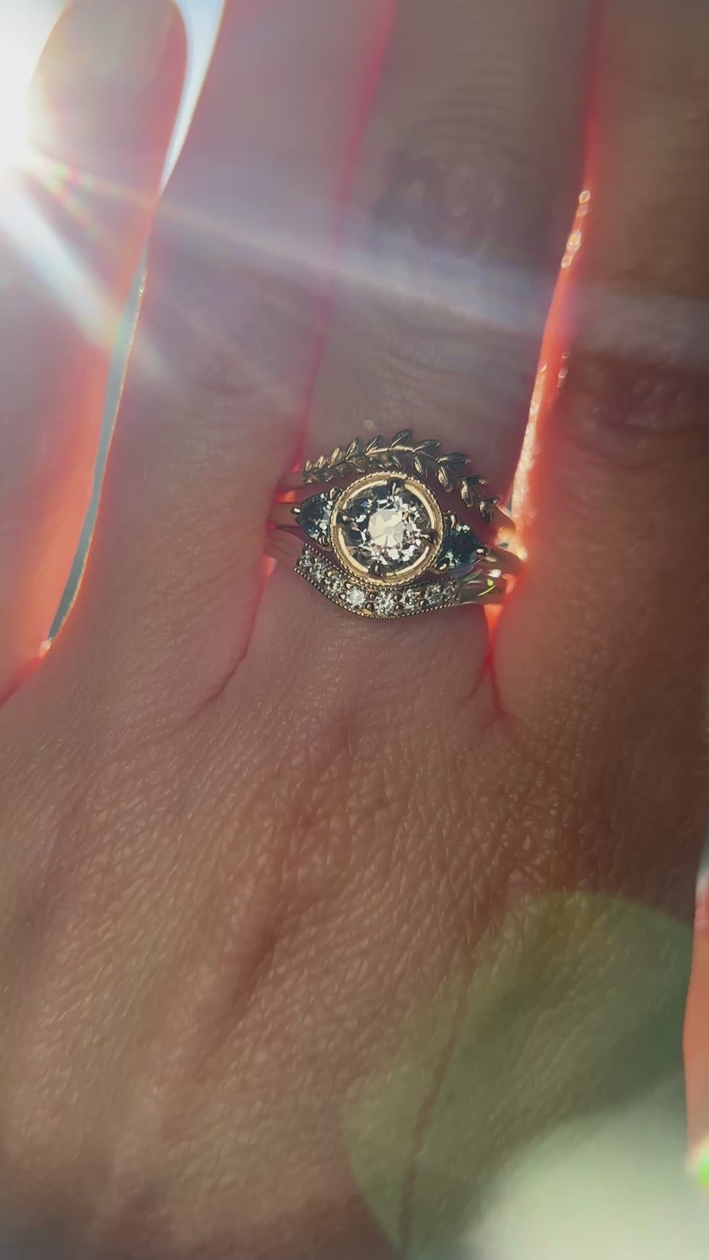 1.05ct GIA Antique Old European Cut Diamond and Trillion Madagascar Sapphire Antique Style Compass Set Low Profile Ring with Milgrain in 18k Yellow Gold