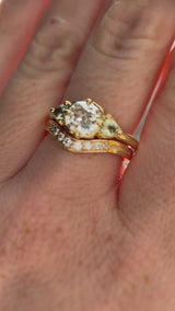 0.96ct Antique Old Mine Cut Diamond and Trillion Seafoam Montana Sapphire Antique Style Compass Set Low Profile Ring with Milgrain in 18k Yellow Gold