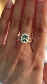 1.70ct Untreated Radiant Cut Vibrant Teal Green Sapphire Antique-Style Diamond Halo Ring in 14 Yellow Gold