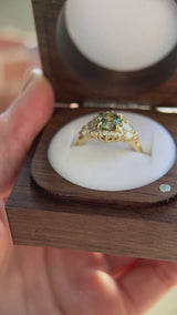 1.49ct Elongated Cushion Cut Montana Sapphire and Diamond Floral Halo in 18k Yellow Gold