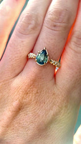 2.01ct Untreated Teal Pear Sapphire Low Profile 5 Prong Vine Solitaire with Diamonds in 14k Yellow Gold