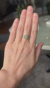 2.75ct Round Untreated Parti Montana Sapphire and Pear Montana Sapphire Three Stone Low Profile Scallop Ring in 18k Yellow Gold