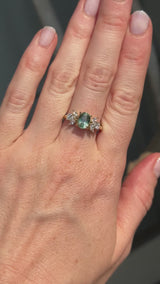 1.73ct Untreated Oval Seafoam Teal Sapphire and Lab Grown Marquise Diamond Cluster Ring in 14k Yellow Gold