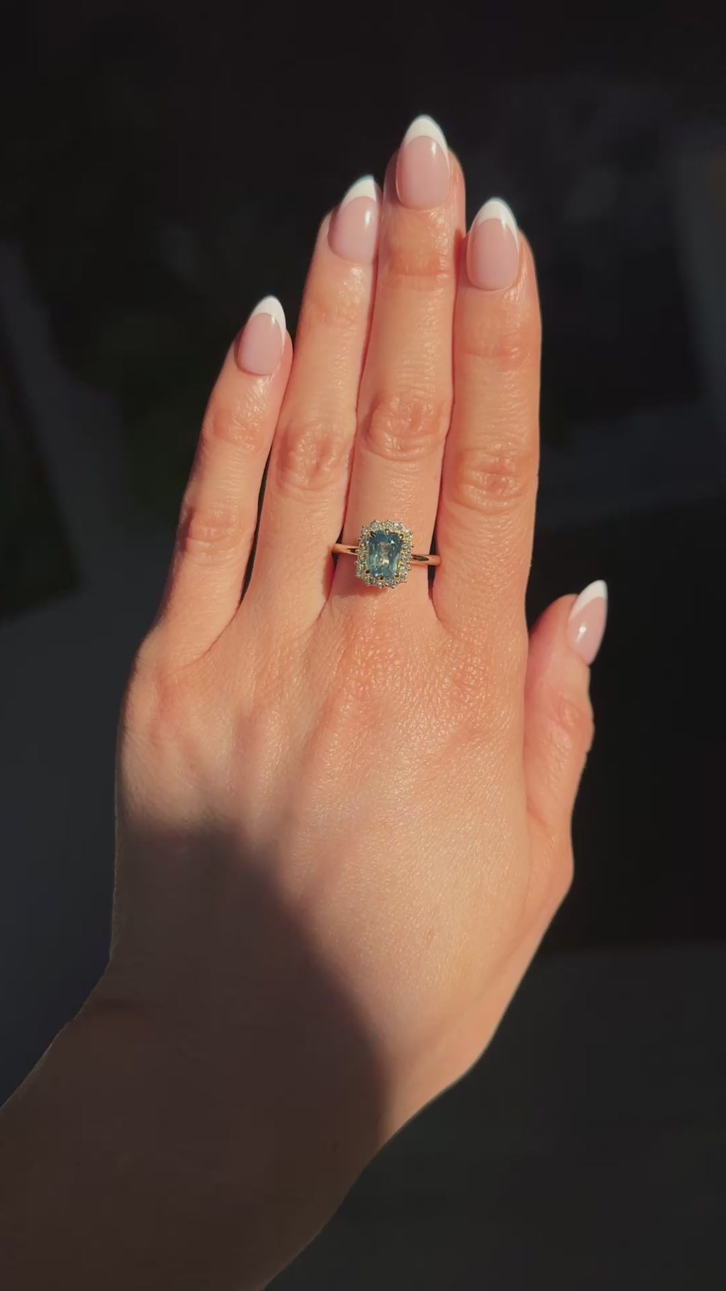 1.70ct Untreated Radiant Cut Vibrant Teal Green Sapphire Antique-Style Diamond Halo Ring in 14 Yellow Gold