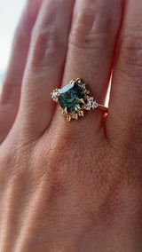 3.10ct Cushion Cut Untreated Umba Teal Green Sapphire Scalloped Diamond Cluster Ring in 14k Yellow Gold
