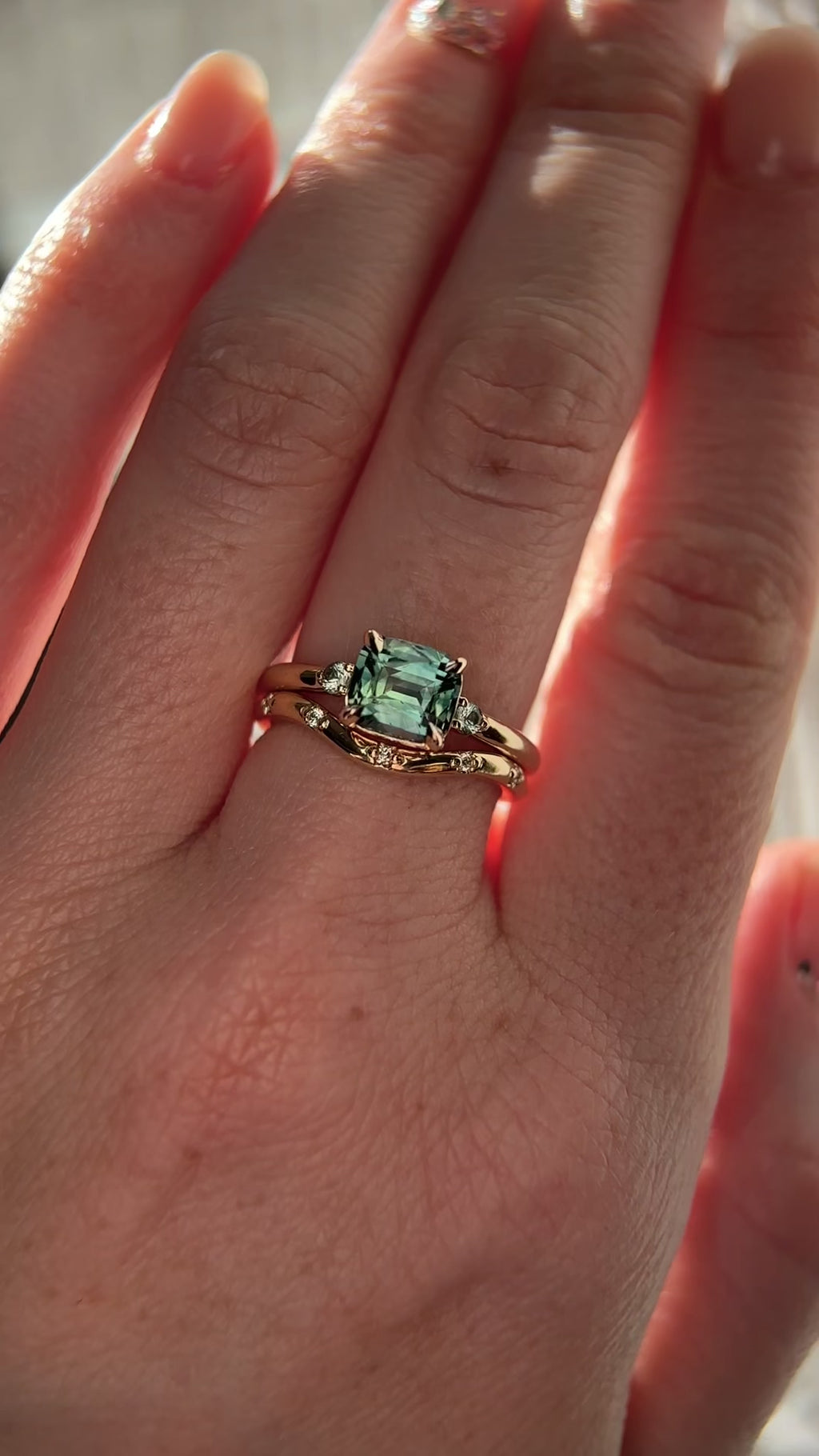 1.65ct Cushion Cut Untreated Madagascar Parti Sapphire and Light Blue Sapphire Low Profile East-West Ring in 14k Yellow Gold