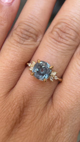 3.38ct Untreated Montana Sapphire Cushion Cut Marquise Diamond Cluster Ring in 18k Yellow Gold