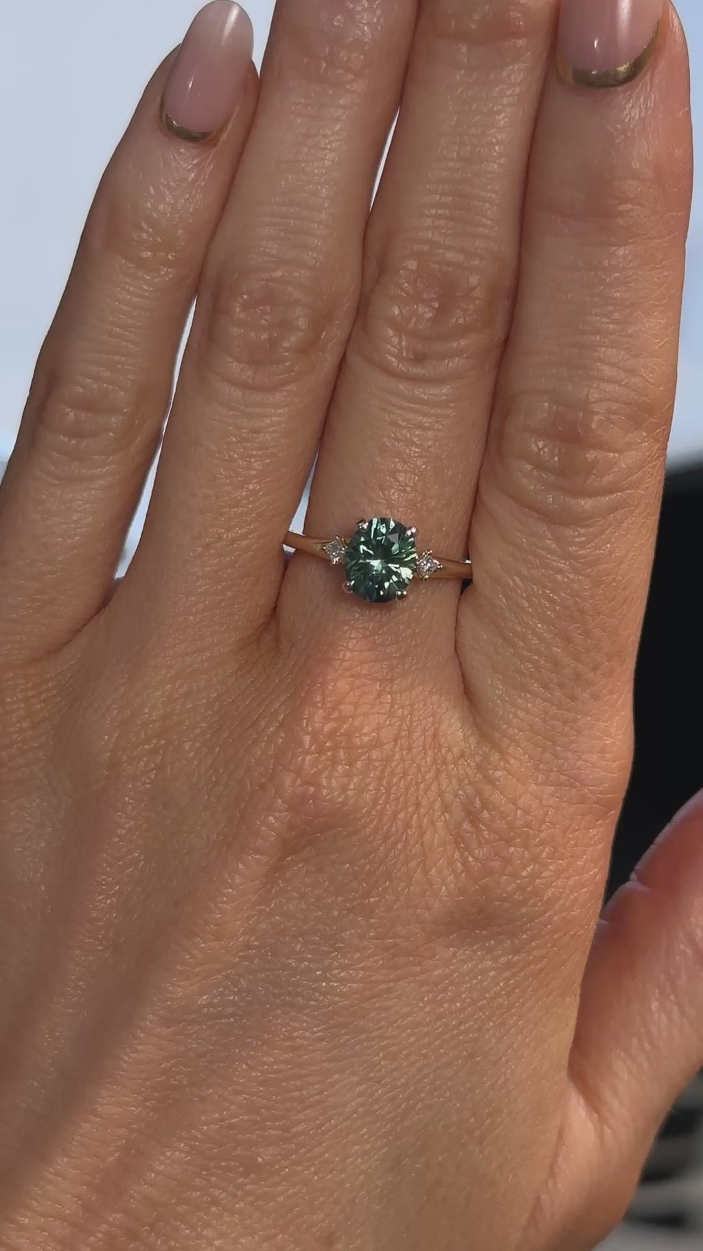 1.98ct Oval Precision Cut Teal Montana Sapphire and Princess Cut Diamond Rapids Low Profile Ring in 14k Yellow Gold