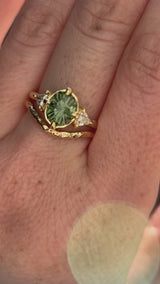 1.70ct Green Kenyan Fantasy Cut Sapphire and Diamond Antique Milgrain Three Stone Low Profile Ring in 18k Yellow Gold