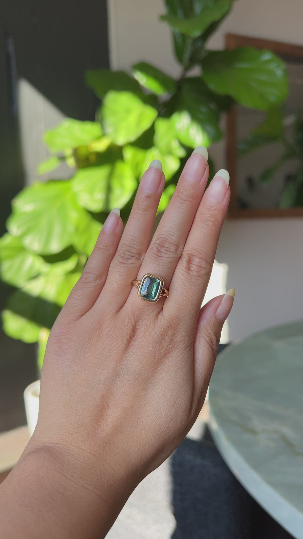 4.09ct Elongated Cushion Cut Teal Sapphire Low Profile Split Shank Bezel Ring in 14k Yellow Gold- Appraised Stone