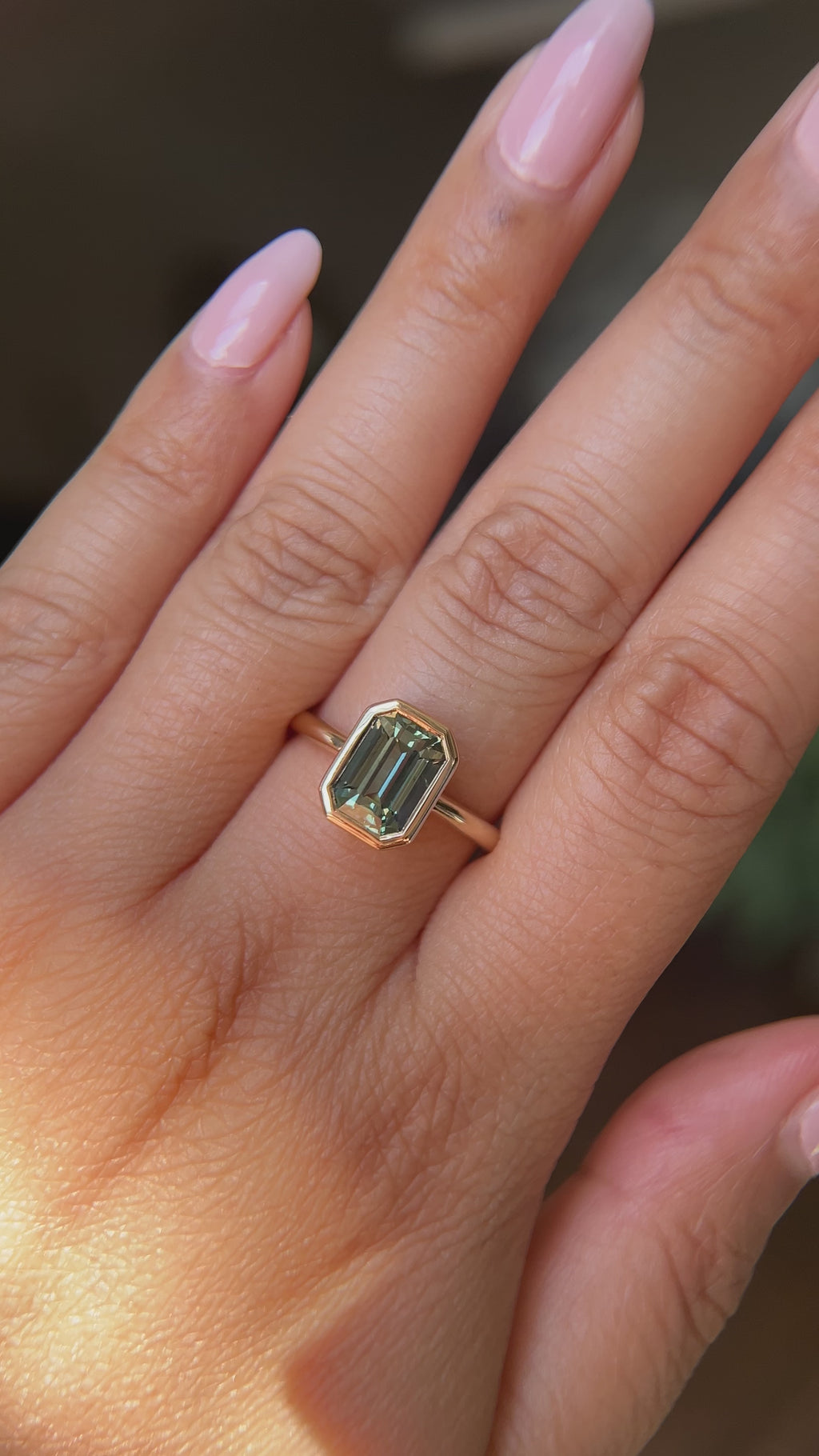 2.62ct Teal Green Emerald Cut Sapphire Low Profile Bezel Ring in 14k Yellow Gold