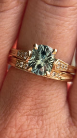 1.74ct Fancy Elongated Cushion Parti Teal Blue Montana Sapphire and Diamond Vintage Cathedral 4 Prong Solitaire in 14k Yellow