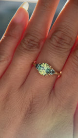 1.50ct Round Parti Yellow Blue Precision Cut Montana Sapphire and Trillion Sapphire Low Profile Three Stone Ring in 18k Yellow Gold