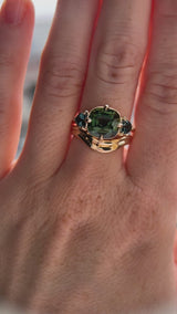 4.08ct Cushion Cut Green Madagascar Sapphire and Trillion Australian Sapphire Antique Compass Set Low Profile Ring in 14k Yellow Gold