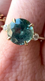 2.01ct Round Untreated Montana Sapphire and Diamond Dainty Three Stone Ring in 14k Yellow Gold