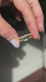 1.74ct Fancy Elongated Cushion Parti Teal Blue Montana Sapphire and Diamond Vintage Cathedral 4 Prong Solitaire in 14k Yellow