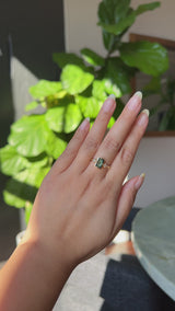 1.62ct Untreated Green Kenyan Fantasy Cut Radiant Sapphire and Kite Diamond Compass Set Three Stone Low Profile Ring in 18k Yellow Gold