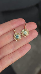 Round Precision Cut Montana Sapphire Vine Frame Bezel Set Pendants in 14k Yellow Gold