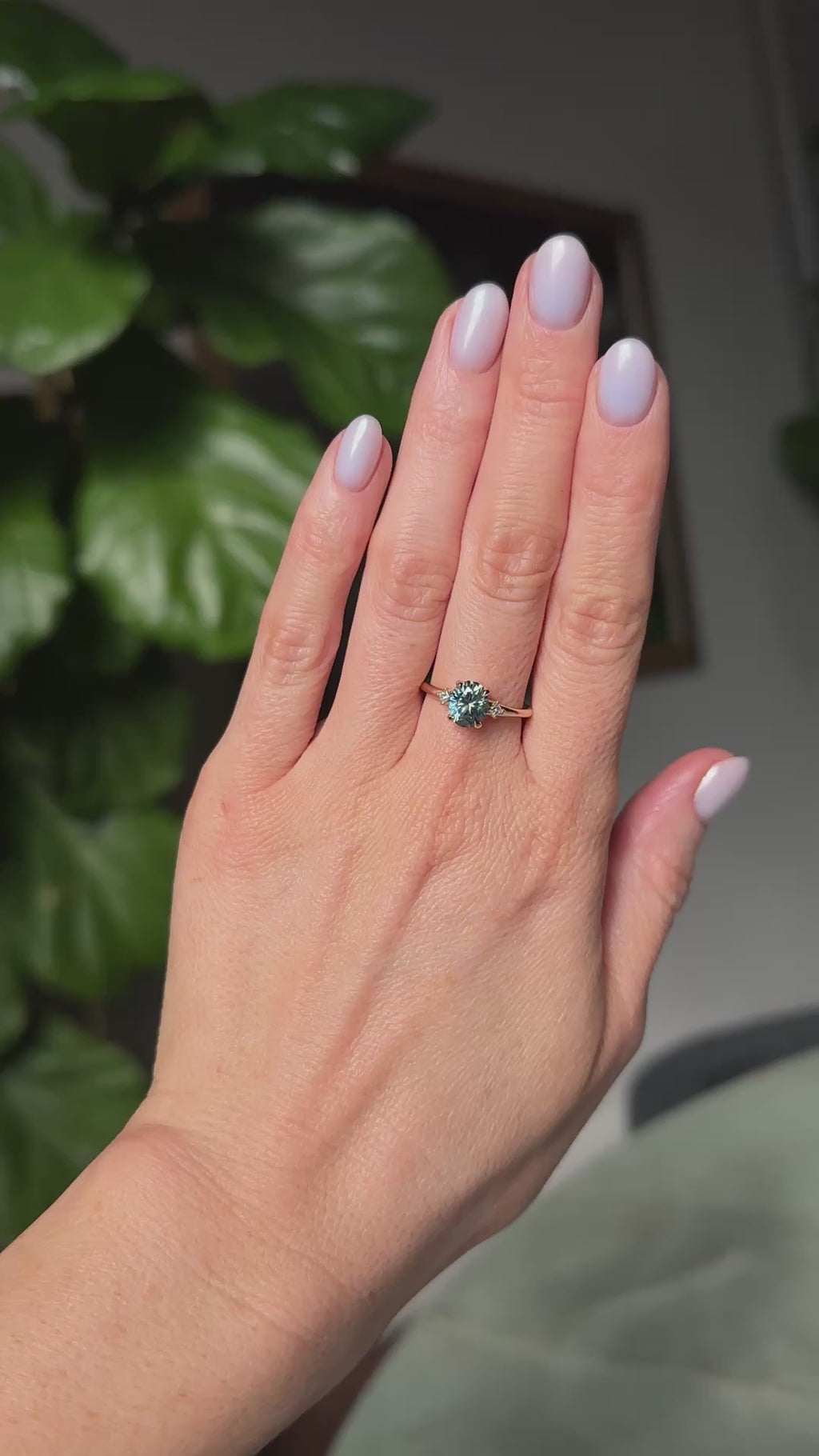 1.77ct Oval Precision Cut Parti Light Teal Montana Sapphire and Princess Cut Diamond Rapids Low Profile Ring in 14k Yellow Gold