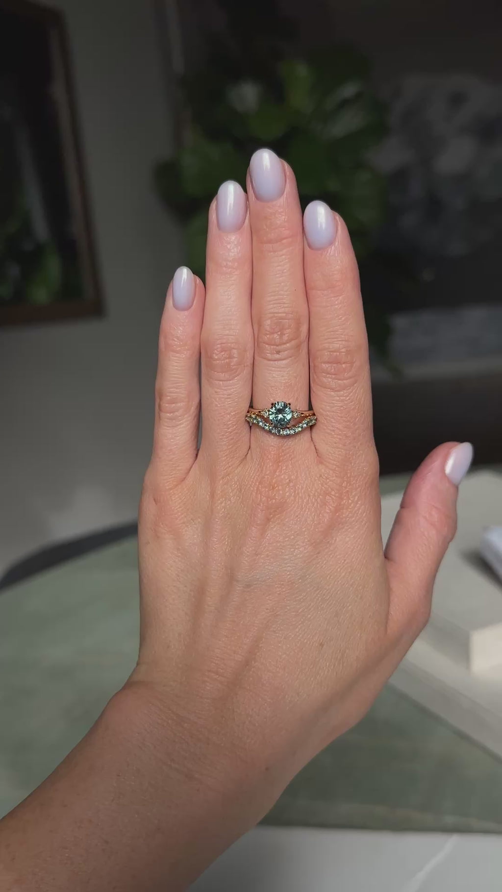 1.77ct Oval Precision Cut Parti Light Teal Montana Sapphire and Princess Cut Diamond Rapids Low Profile Ring in 14k Yellow Gold