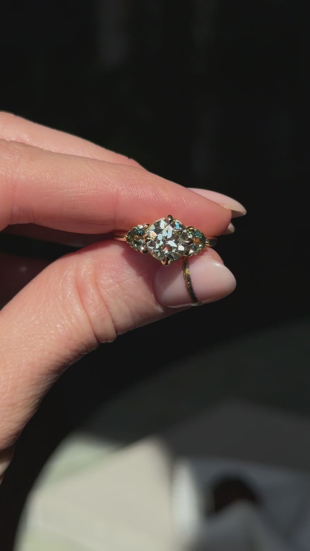 1.64ct Vintage Transitional Cut Diamond and Trillion Australian Sapphire Antique Style Compass Set Low Profile Ring with Scallop Details in 18k Yellow Gold
