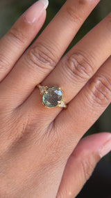 3.05ct Untreated Fantasy Cut Green Sapphire and Diamond Three Stone Antique Compass Style Low Profile Ring in 18k Yellow Gold