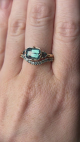 2.53ct Untreated Glowy Teal Cushion Cut Sapphire and Trillion Sapphire Antique Compass East-West Set Low Profile Ring in 14k Yellow Gold