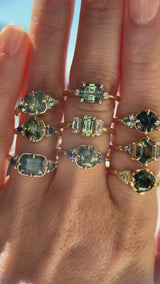 2.22ct Opalescent Square Radiant Madagascar Sapphire and Trillion Sapphire Antique Compass Set Low Profile Ring in 14k Green Gold