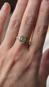 1.14ct Emerald Cut Parti Montana Sapphire Low Profile Bezel Solitaire Ring with Pavé Set Diamonds in 14k Green Gold