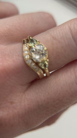 0.96ct Antique Old Mine Cut Diamond and Trillion Seafoam Montana Sapphire Antique Style Compass Set Low Profile Ring with Milgrain in 18k Yellow Gold