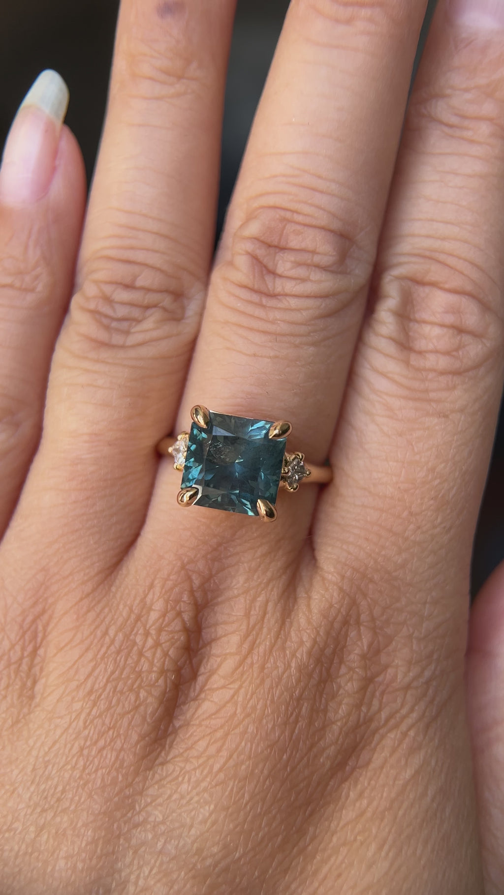 5.53ct Radant Cut Untreated Montana Sapphire and Princess Cut Diamond Rapids Low Profile Ring in 14k Yellow Gold
