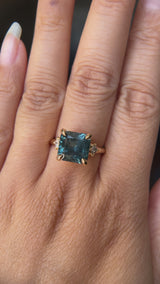 5.53ct Radant Cut Untreated Montana Sapphire and Princess Cut Diamond Rapids Low Profile Ring in 14k Yellow Gold
