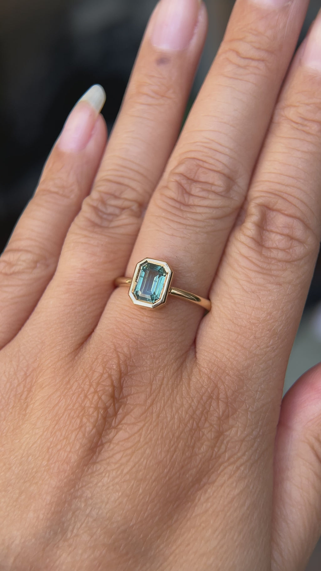 1.26ct Australian Untreated Emerald Cut Caribbean Teal Sapphire Low Profile Bezel Ring in 14k Yellow Gold