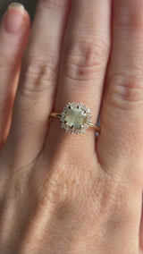 2.18ct"Old Mine Cushion" cut Silky Light Green Montana Sapphire Antique-Style Diamond Halo Ring in 14k Yellow Gold