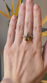 3.68ct Bicolor Australian Untreated Pear Sapphire and Diamond-Studded Pointed Vine Solitaire in 18k Yellow Gold